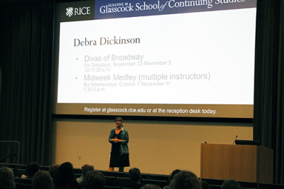 Debra Dickinson gives the audience a preview of her upcoming “Divas of Broadway” course.